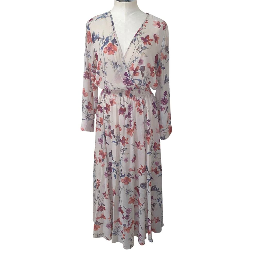 Kate and Lily Sheer White Floral Print Long Sleeve Surplice V-Neck Maxi Dress 14